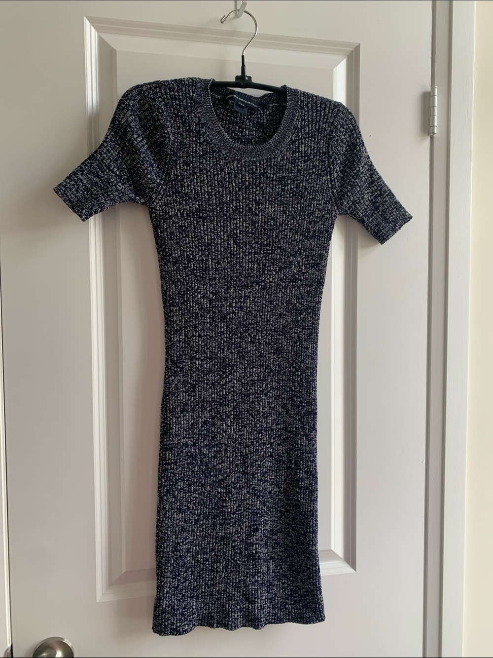 French Connection Navy and White Ribbed Knit Midi Dress